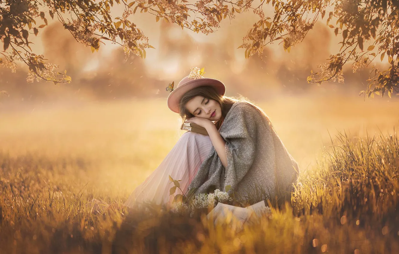 Photo wallpaper girl, branches, pose, mood, butterfly, book, hat, shawl