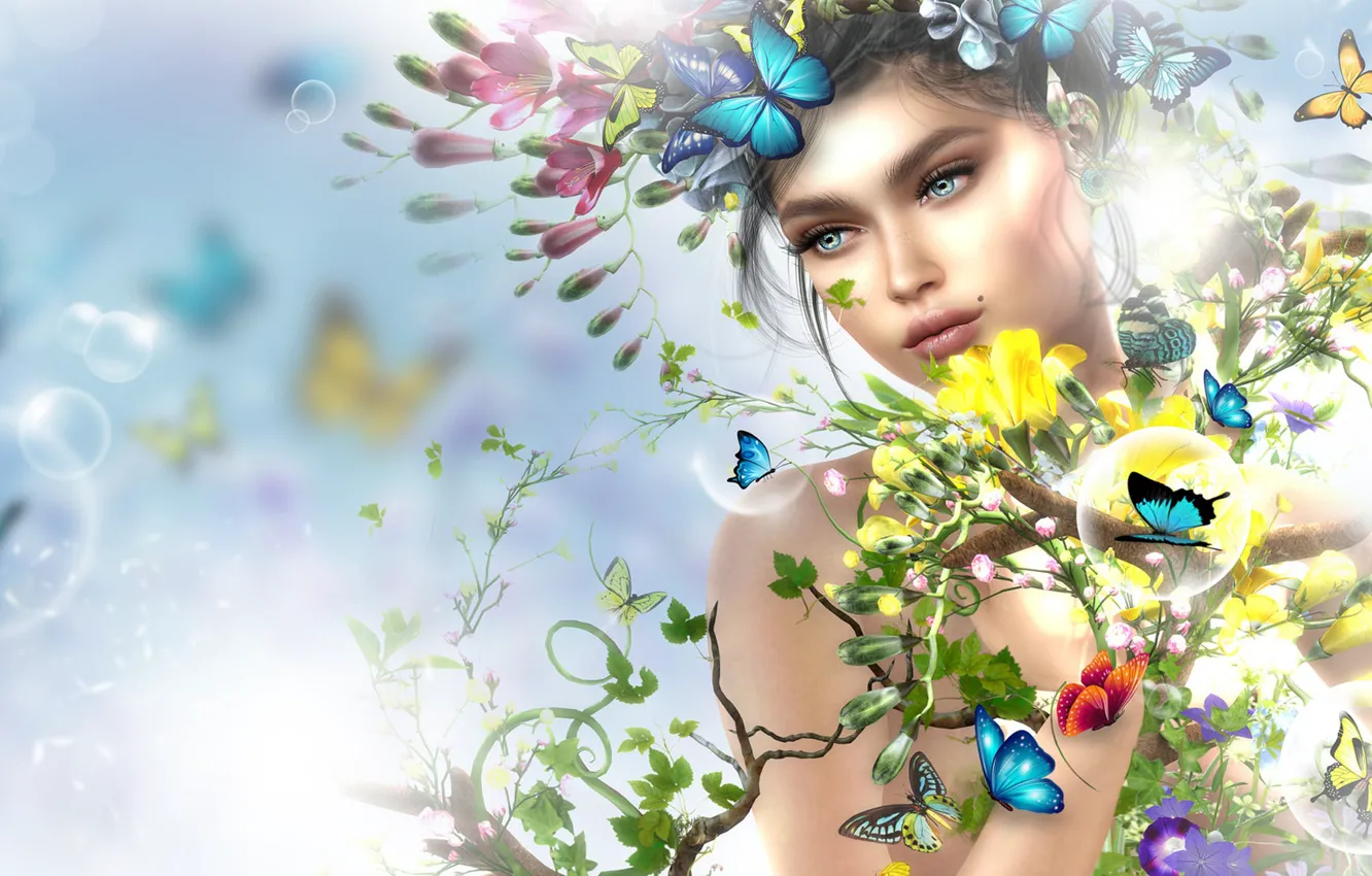 Photo wallpaper girl, butterfly, flowers, spring, art