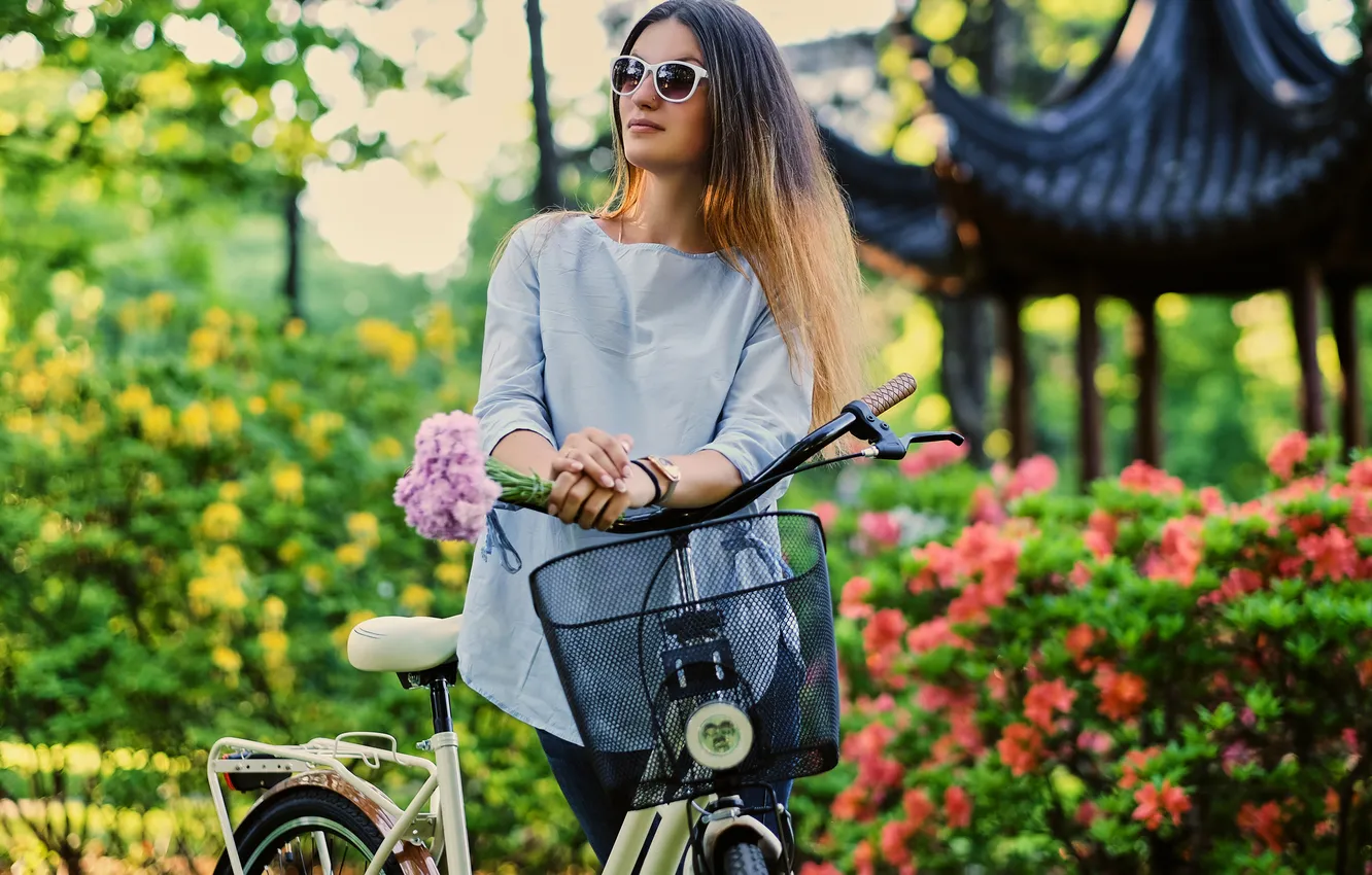 Photo wallpaper girl, bike, basket, glasses