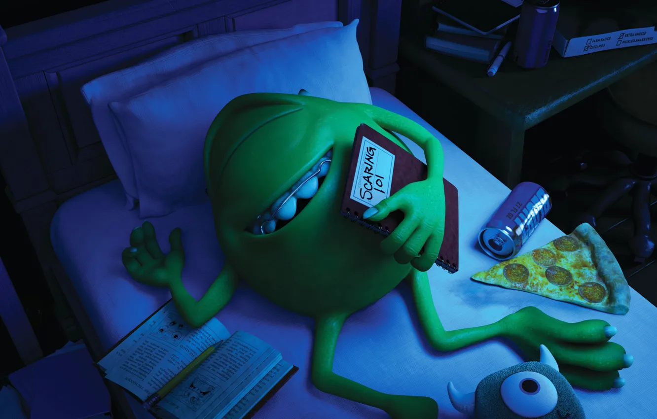 Photo wallpaper blue, green, smile, bed, one-eyed, Monsters University, Monsters Inc., Monsters University