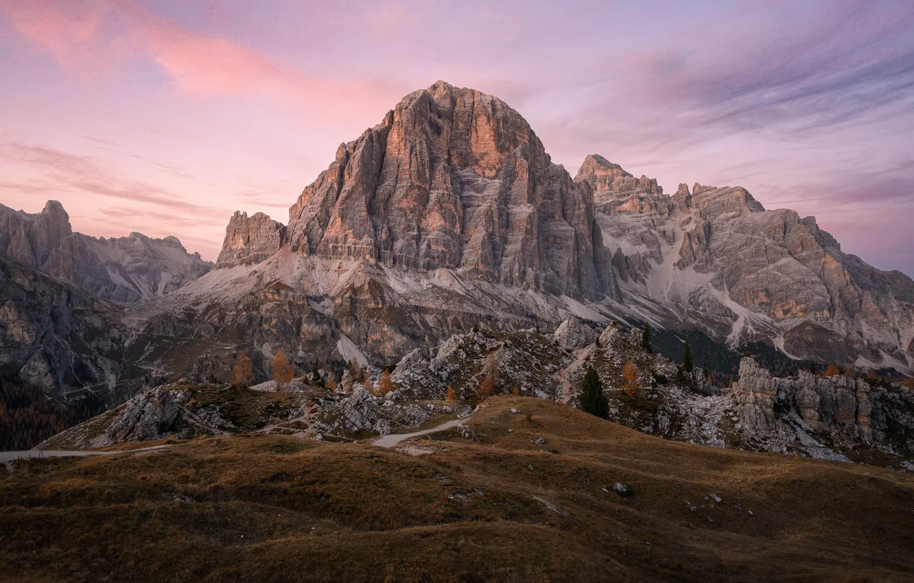 Photo wallpaper autumn, the sky, clouds, trees, mountains, stones, rocks, hills
