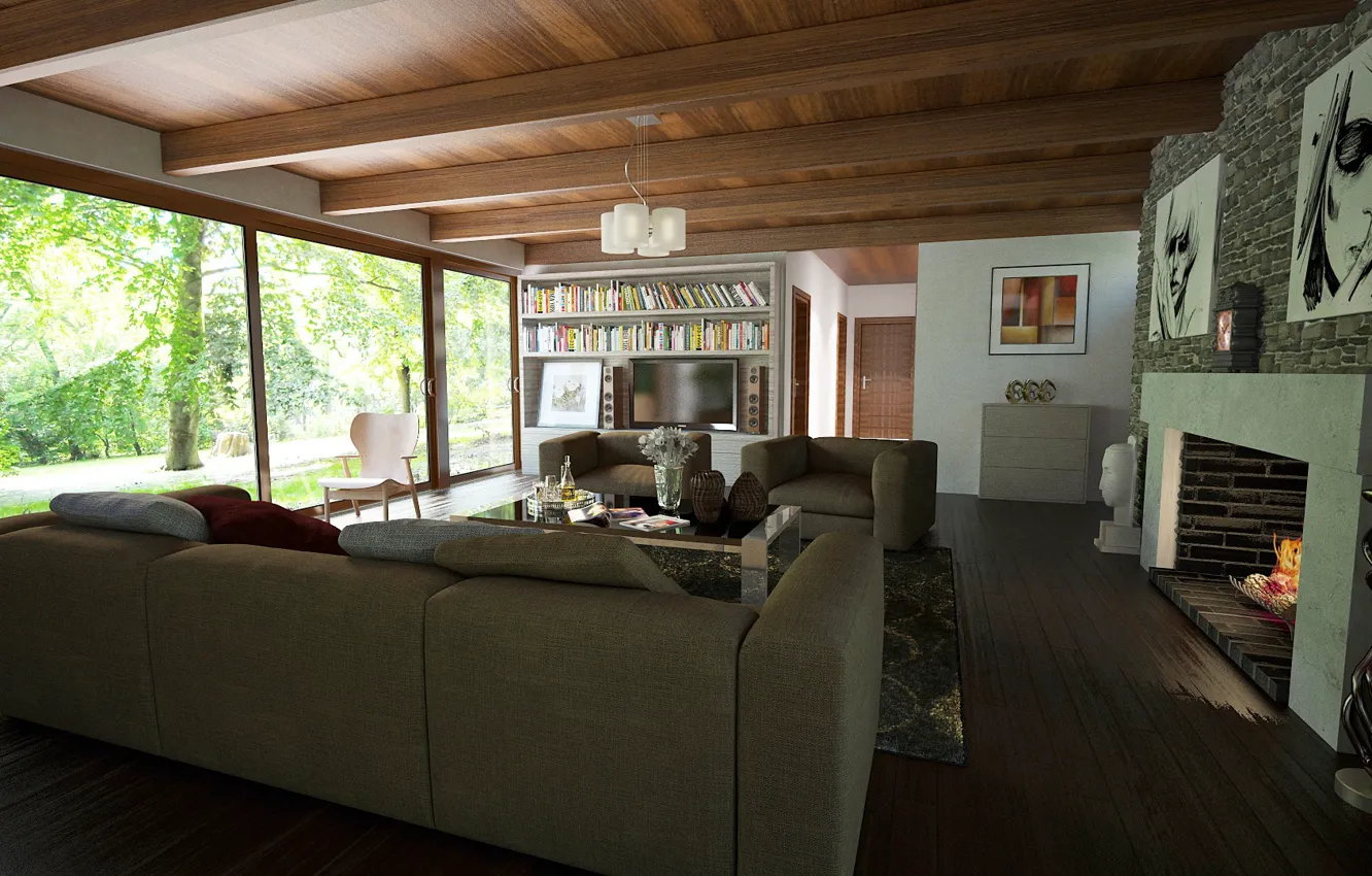 Photo wallpaper design, interior, fireplace, library, living room