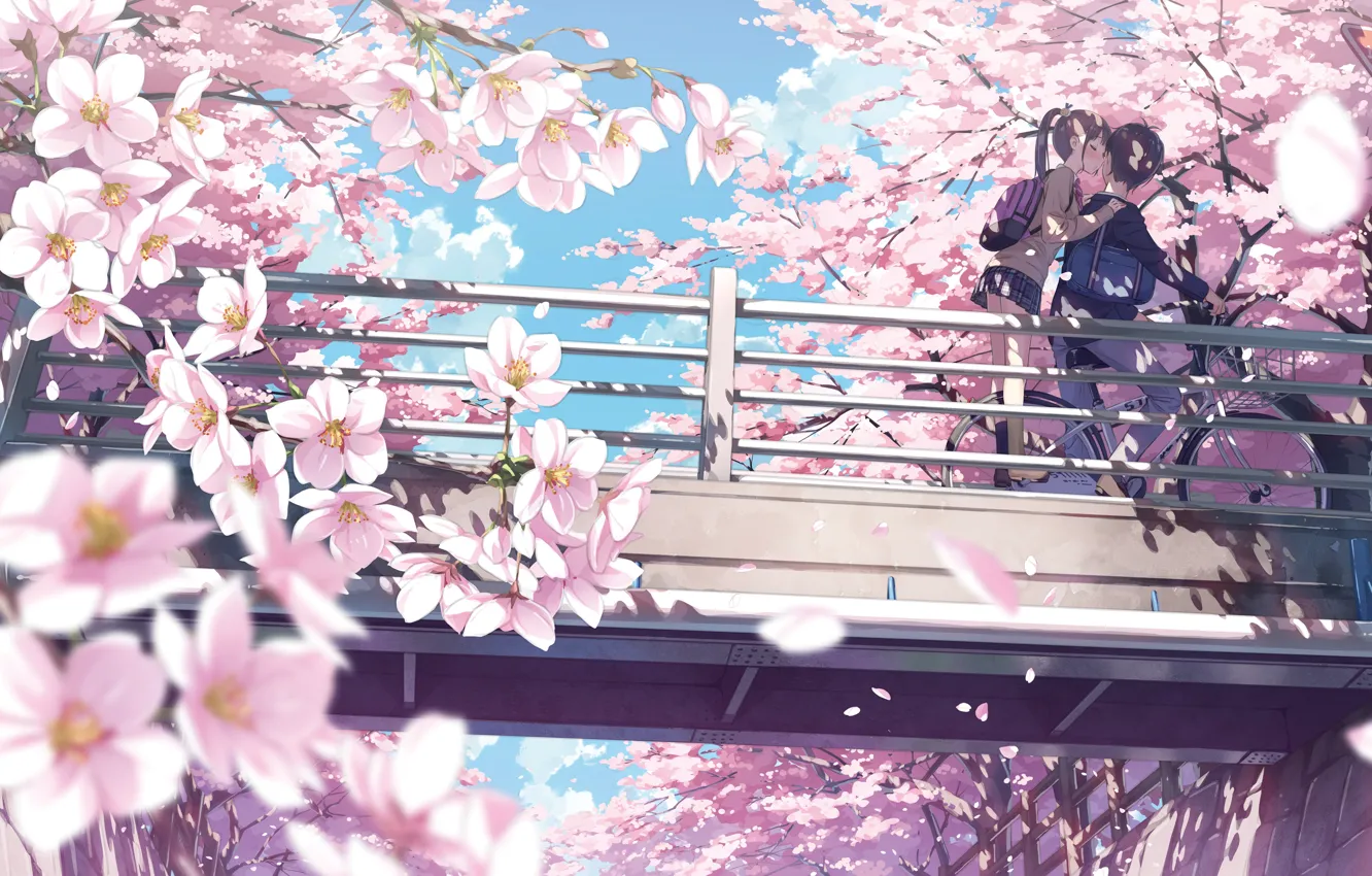 Photo wallpaper Kiss, Spring, Sakura, Pair, Art, Kantoku