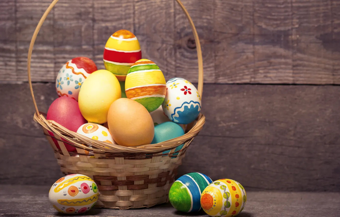 Photo wallpaper basket, colorful, Easter, wood, spring, Easter, eggs, holiday