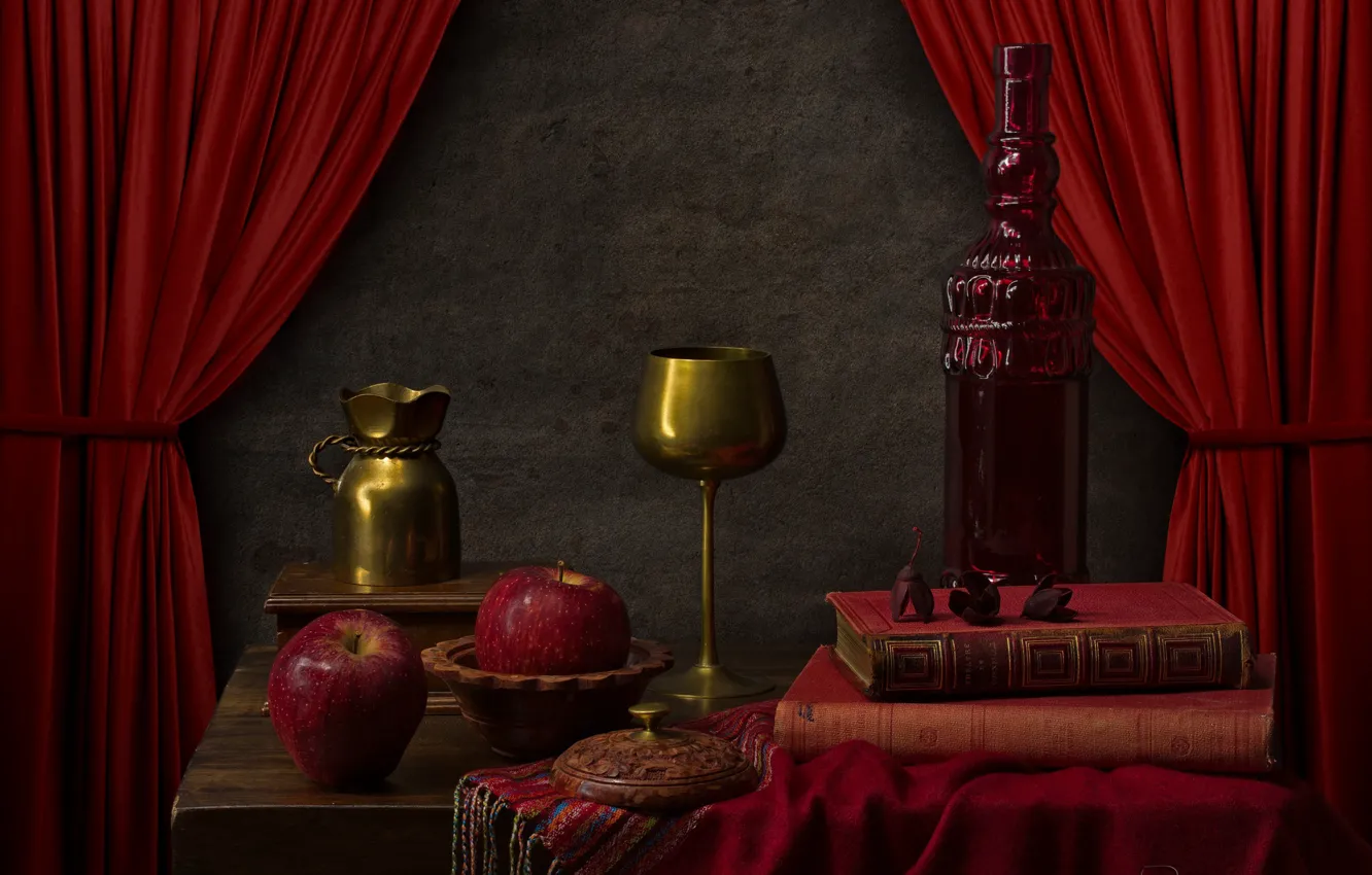 Photo wallpaper red, apples, glass, bottle, book, curtains