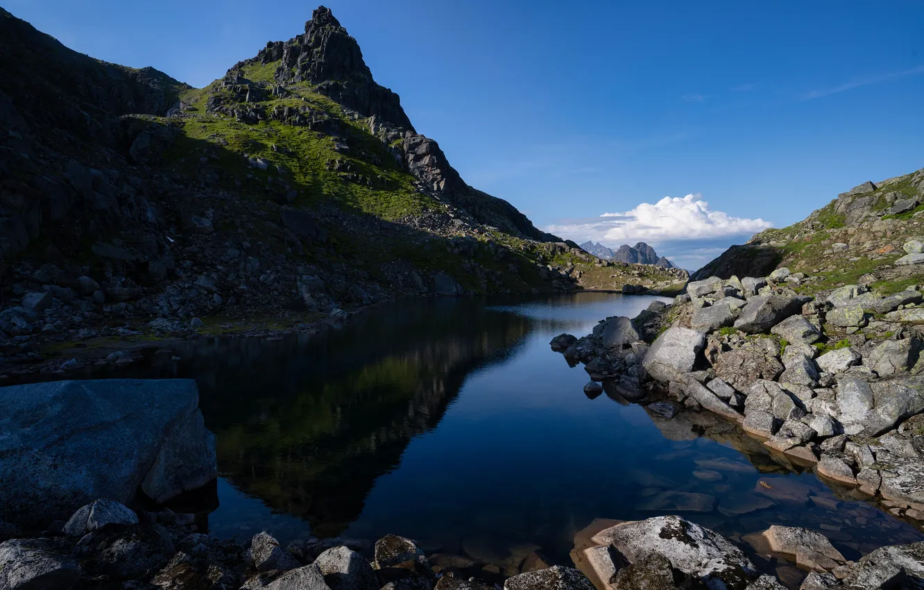 Photo wallpaper mountains, nature, lake, stones, Norway, The Lofoten Islands