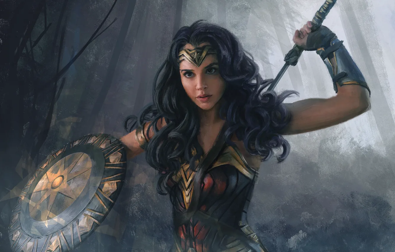 Photo wallpaper forest, girl, warrior, art, shield, Wonder Woman, Mandy Jurgens