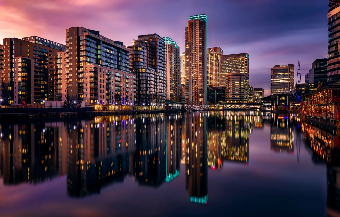 Photo wallpaper night, reflection, England, London, home, Millwall Inner Dock