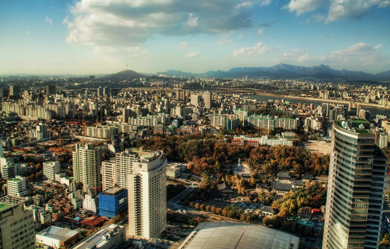 Photo wallpaper clouds, mountains, Seoul