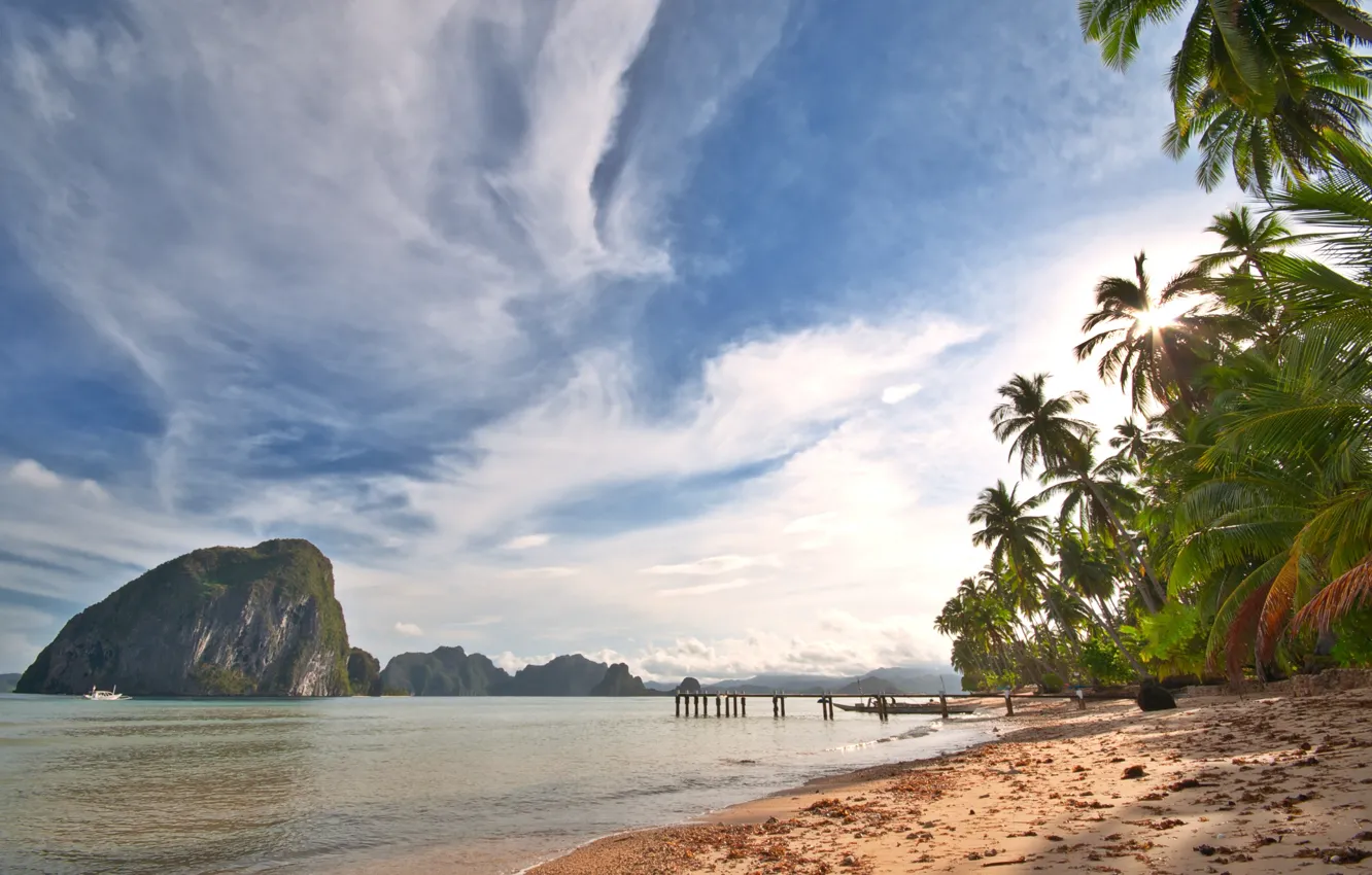 Photo wallpaper sand, sea, the sky, clouds, landscape, nature, tropical beach, palm trees