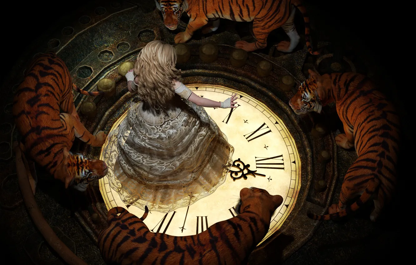 Photo wallpaper lace, dial, spell, in a circle, tigers, the witch, art, in the dark