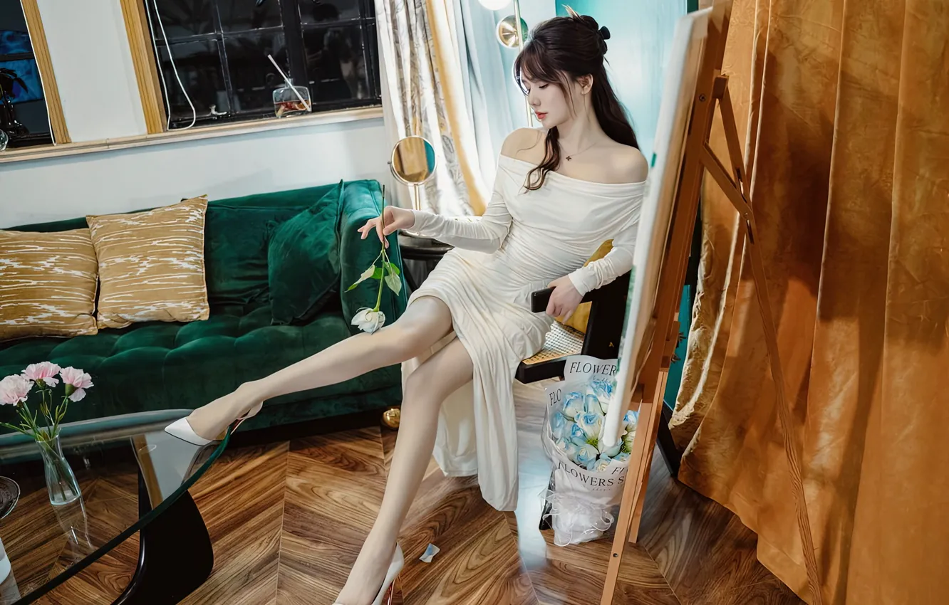 Photo wallpaper flowers, sexy, sofa, picture, chair, vase, Asian, sitting