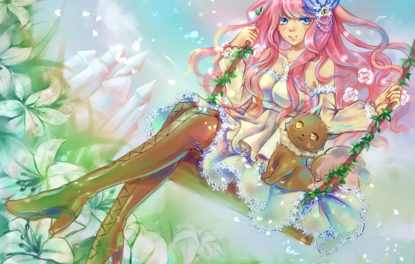 Photo wallpaper cat, girl, flowers, smile, swing, mood, kitty, vocaloid