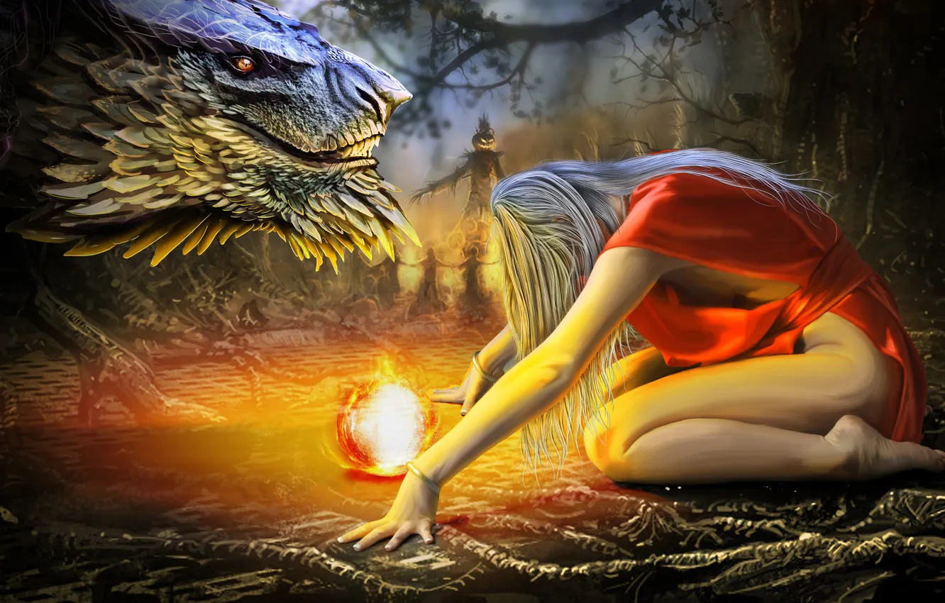 Photo wallpaper girl, fiction, balls, hair, dragon, art, blonde, stuffed