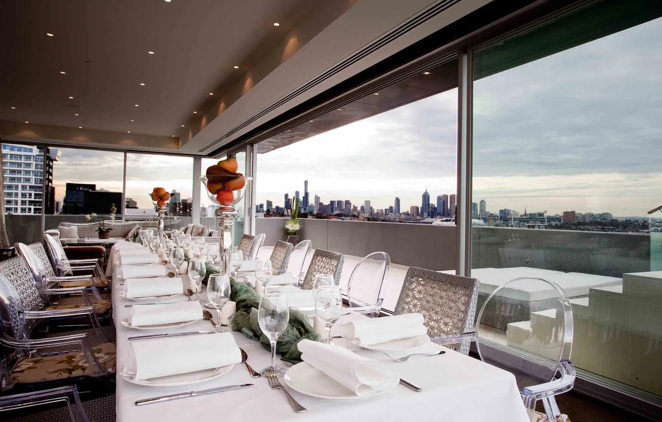 Photo wallpaper design, the city, style, home, interior, penthouse, megapolis, dining room