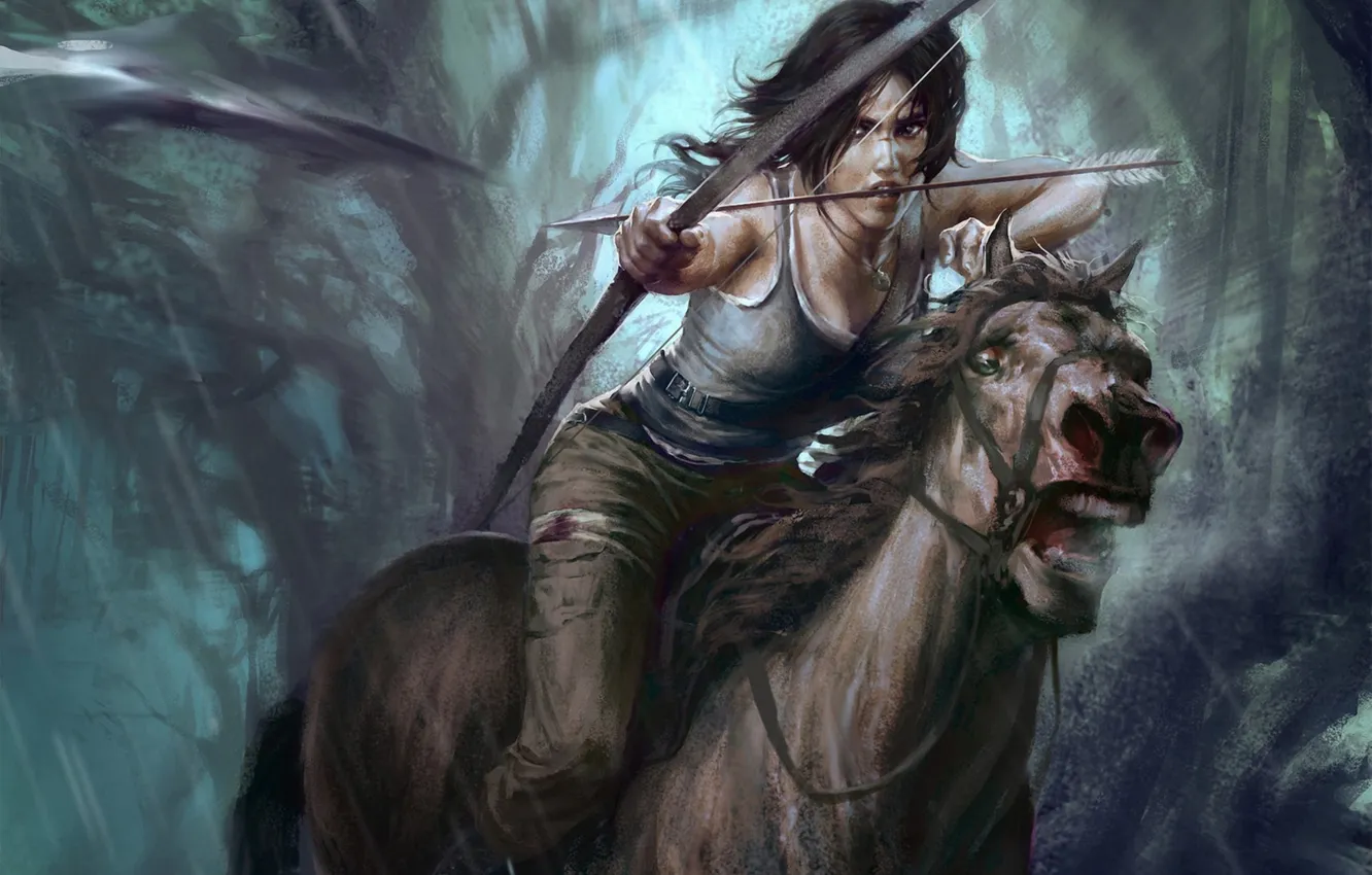 Photo wallpaper girl, horse, speed, bow, running, arrow, lara croft, tomb raider