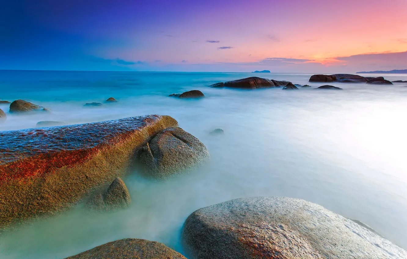 Photo wallpaper sea, the sky, clouds, sunset, stones, rocks