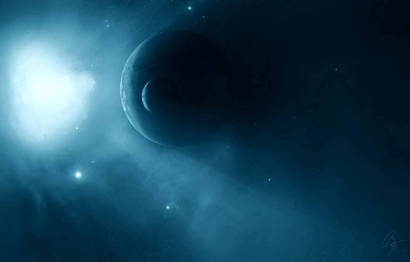 Photo wallpaper space, stars, planet, glow, flash