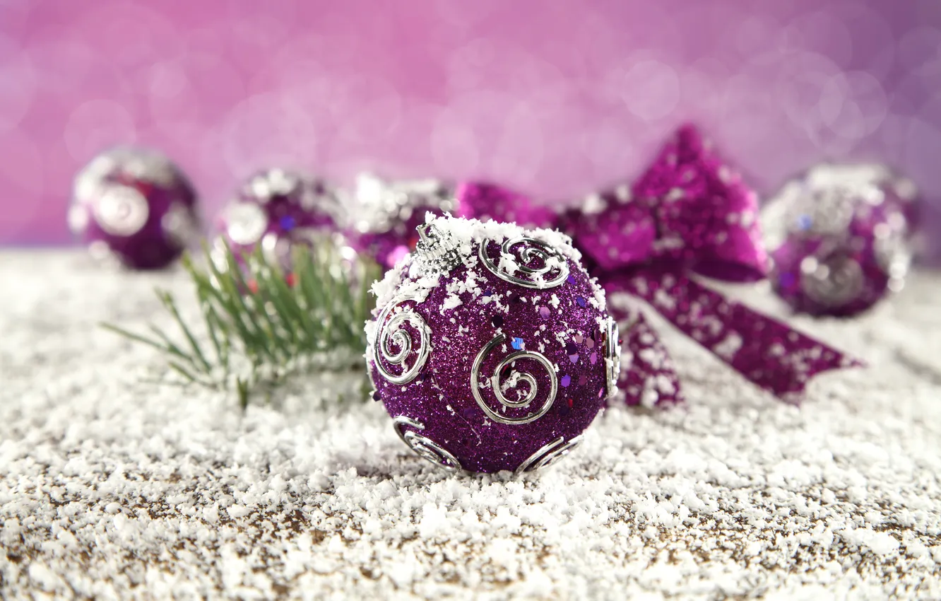 Photo wallpaper winter, purple, balls, snow, holiday, pattern, toy, new year