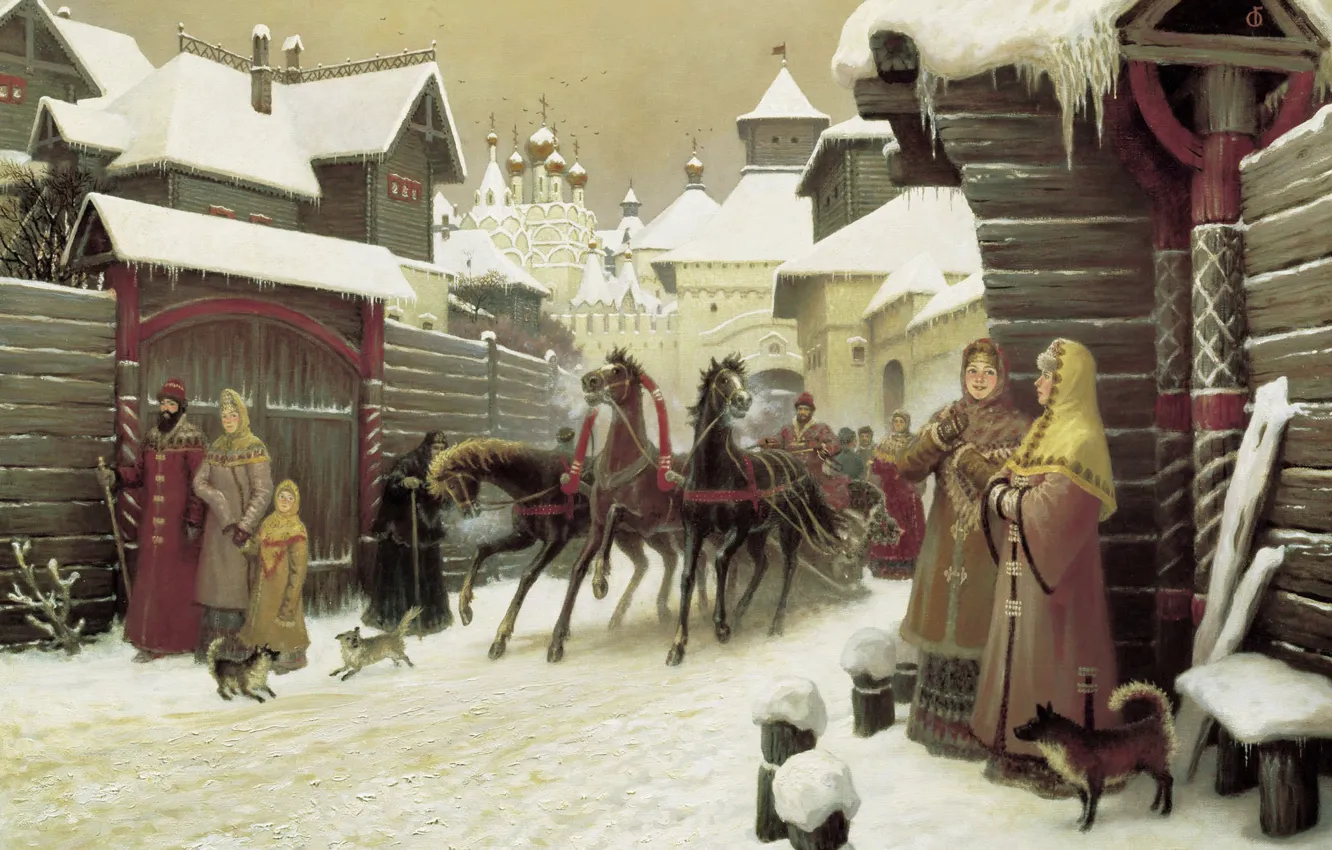 Photo wallpaper horse, Church, temple, sleigh, 2004, mutts, City street of XVII century, Russian women