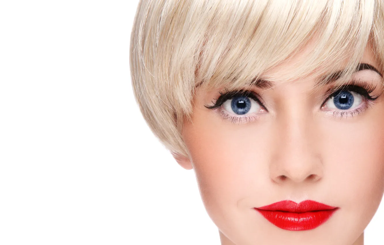 Photo wallpaper girl, haircut, makeup, blonde, blue eyes, red lips