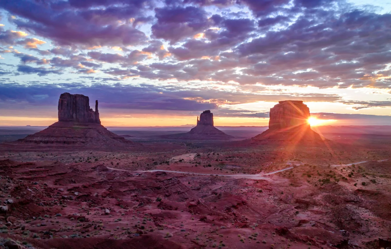Photo wallpaper rays, sunset, mountains, nature, rocks, Utah, USA, Monument valley
