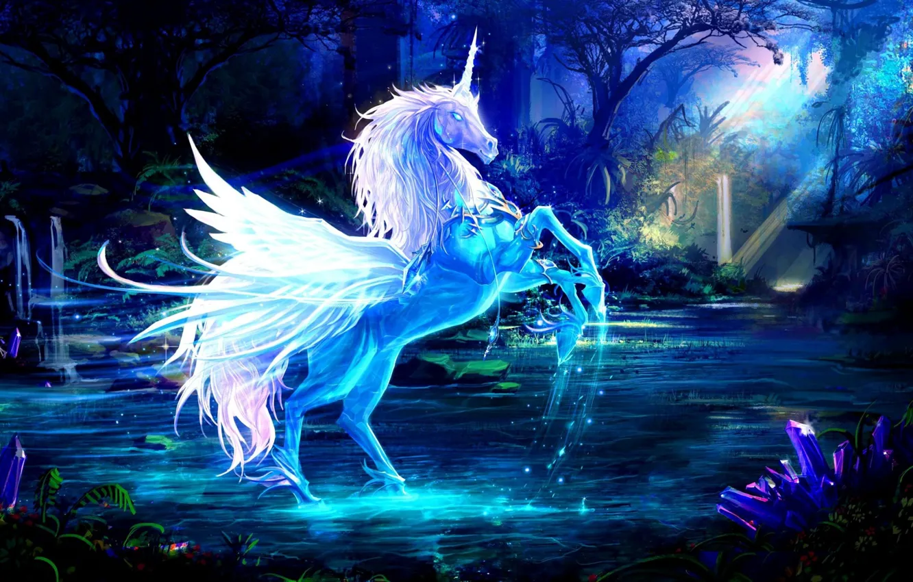 Photo wallpaper forest, trees, lights, lights, unicorn, crystals, forest, trees