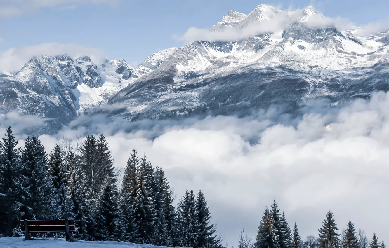 Photo wallpaper bench, mountains, winter