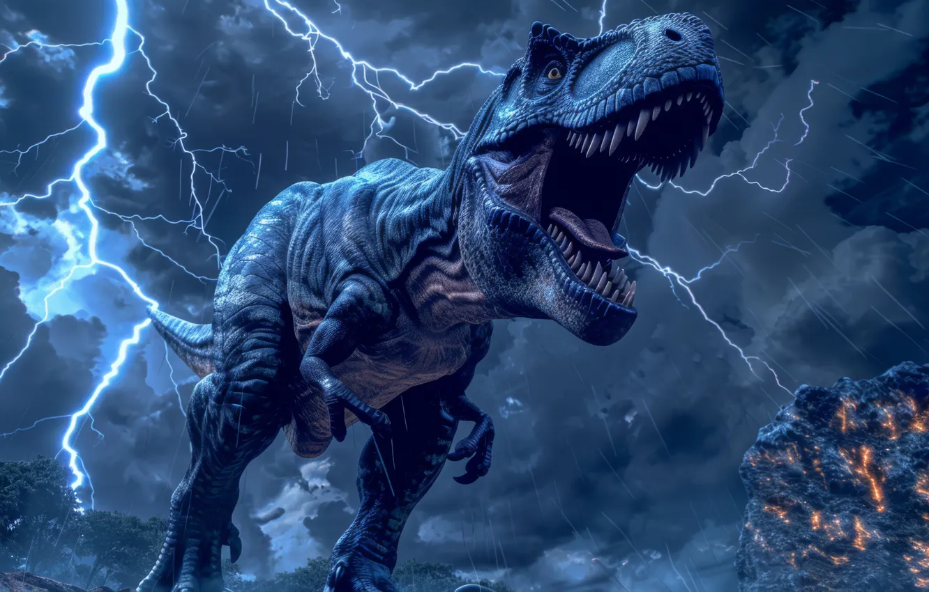 Photo wallpaper face, clouds, rain, animal, lightning, dinosaur, predator, teeth