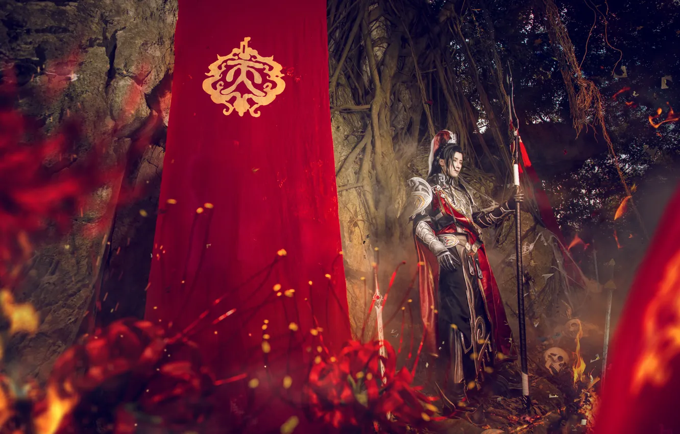 Photo wallpaper forest, night, armor, flag, male, spear, cosplay