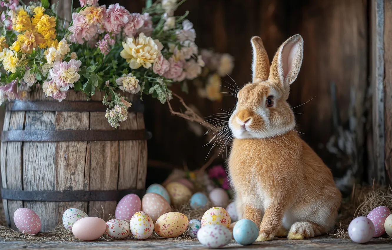 Photo wallpaper look, flowers, holiday, Board, hare, eggs, bouquet, spring