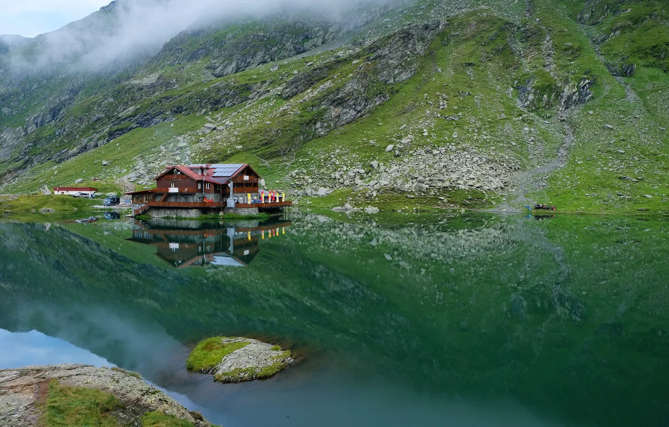 Photo wallpaper greens, water, mountains, fog, lake, reflection, stones, rocks