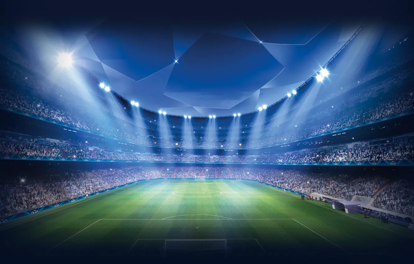 Photo wallpaper tribune, stadium, UEFA, football field, searchlight lights, UEFA Champions League, Champions League Stadium, sports facility