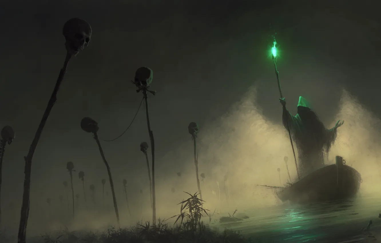 Photo wallpaper light, green, fog, boat, skull, hood, staff, the carrier