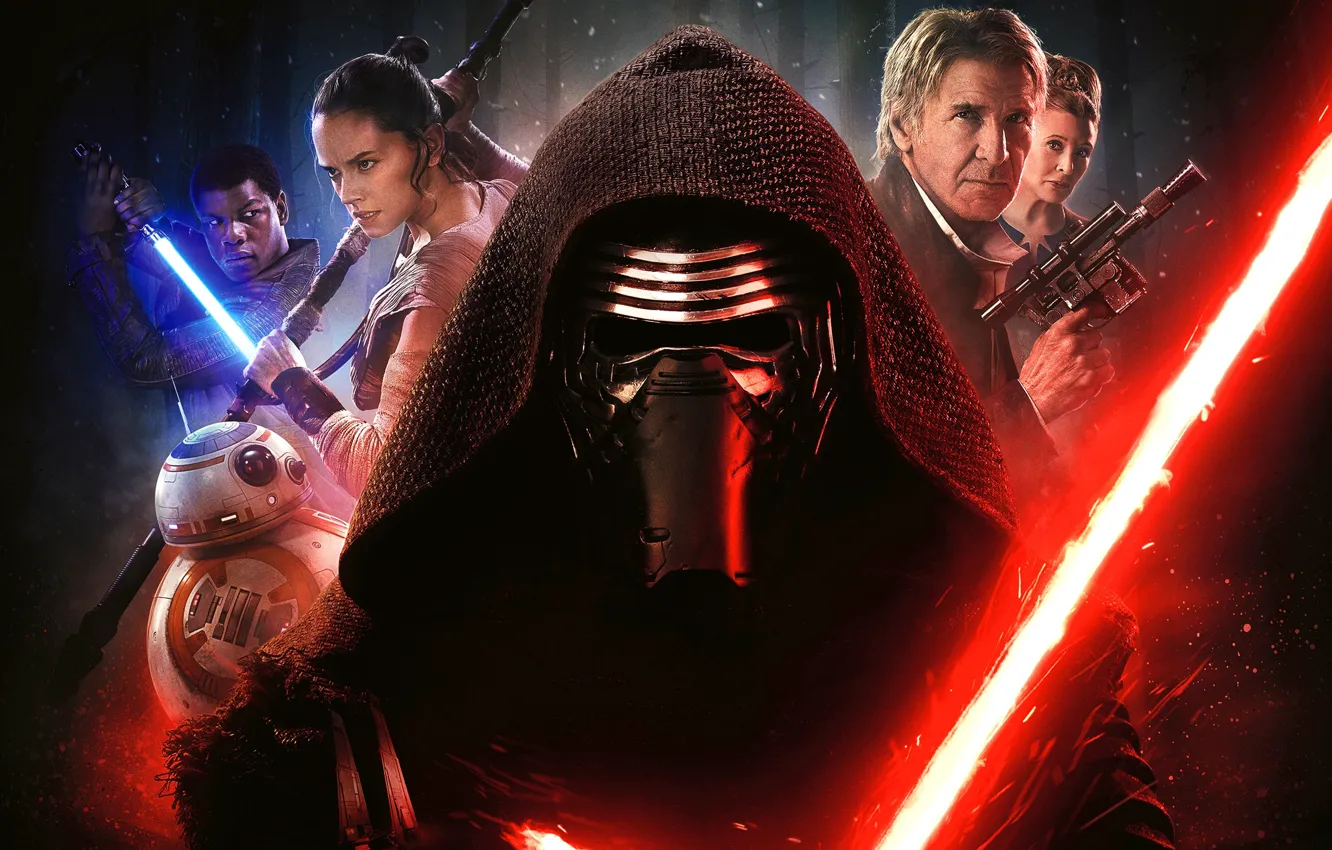 Photo wallpaper weapons, fiction, robot, mask, hood, poster, characters, lightsaber