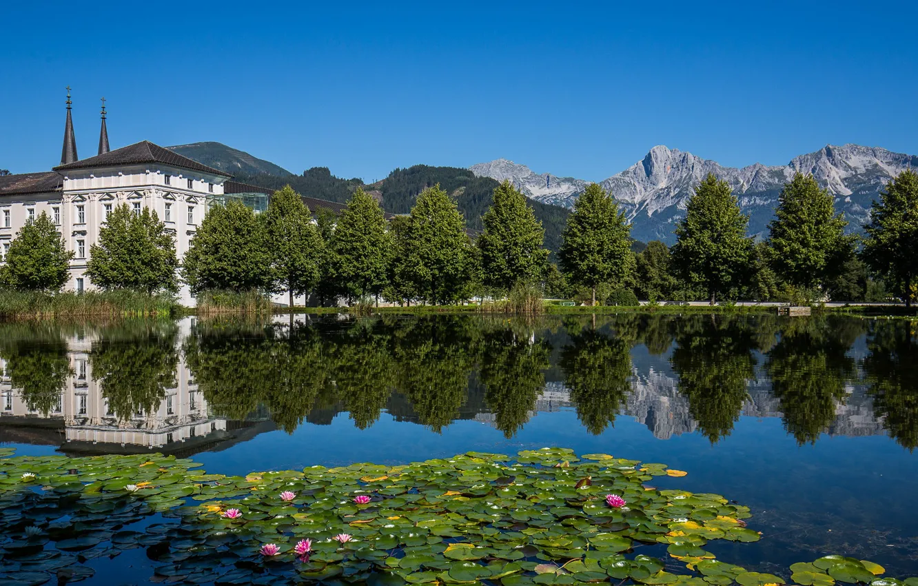Photo wallpaper trees, mountains, reflection, river, Austria, Alps, the monastery, Austria
