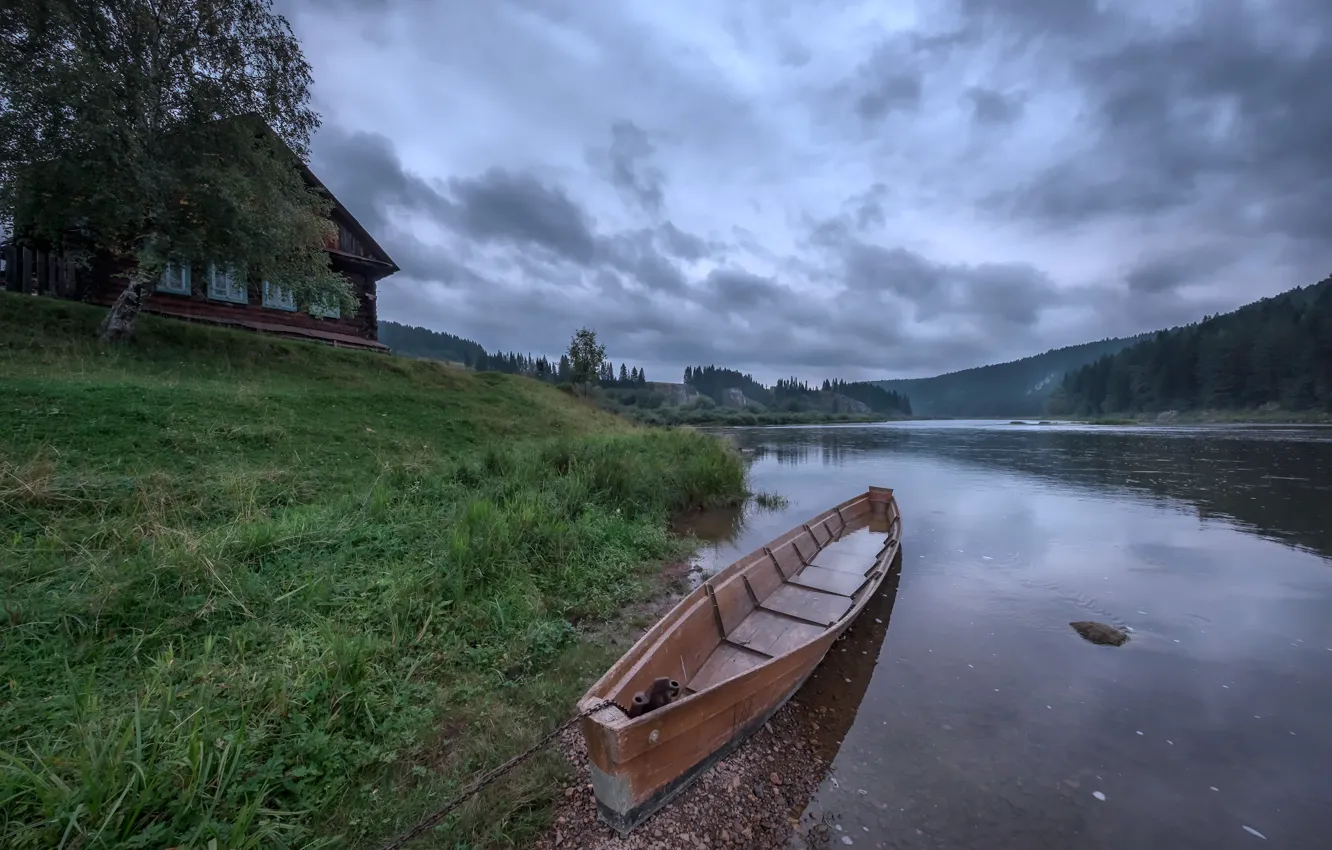 Photo wallpaper forest, landscape, clouds, nature, river, shore, boat, home