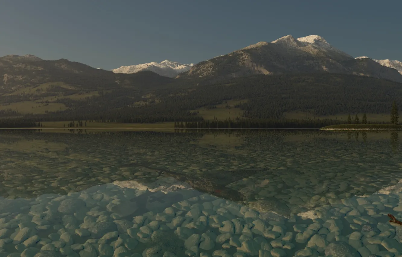 Photo wallpaper forest, water, mountains, lake, stones, hills, art