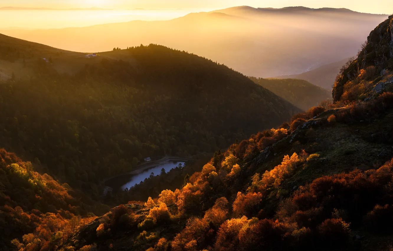 Photo wallpaper forest, the sky, mountains, pond, automn