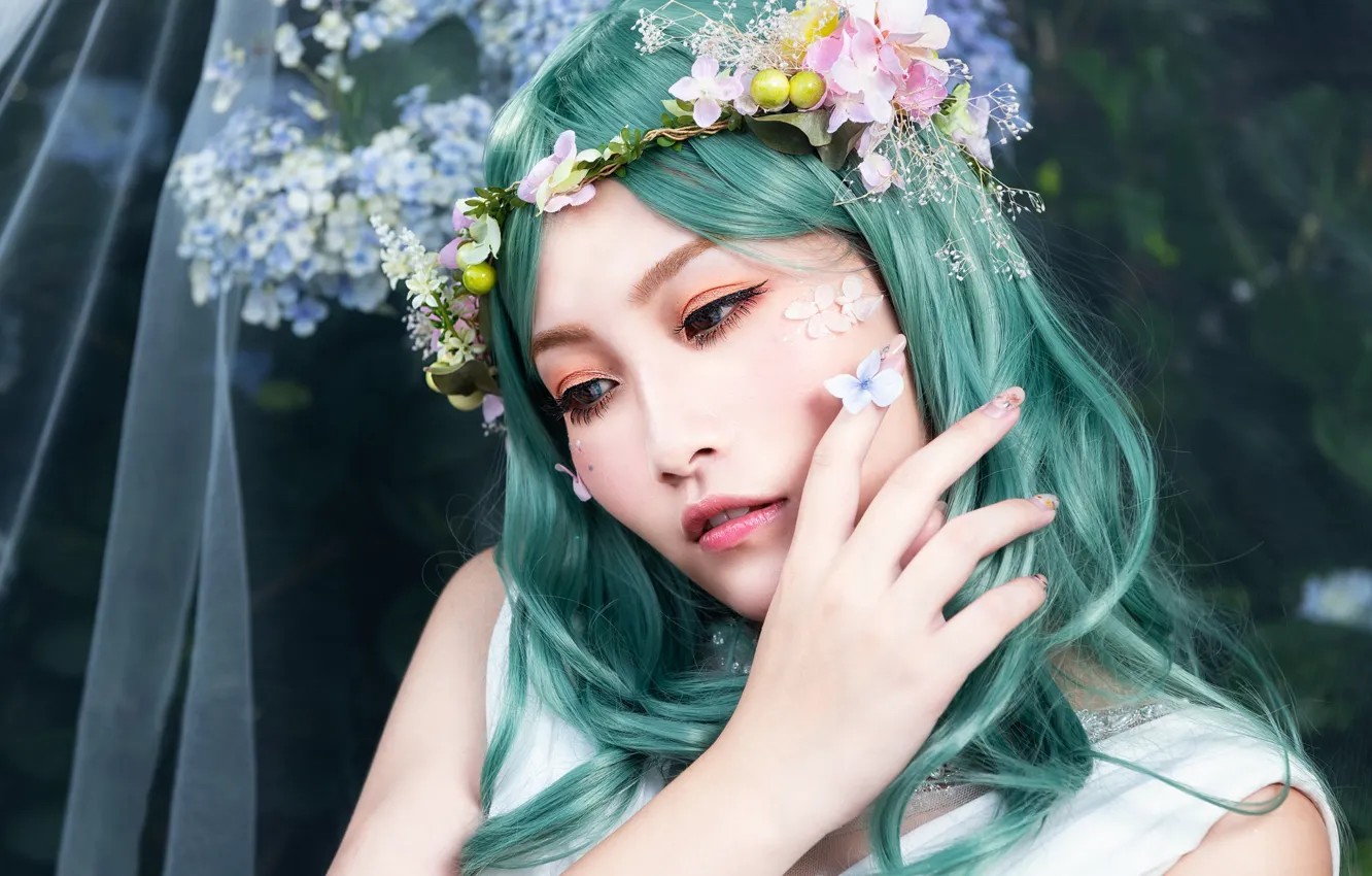 Photo wallpaper eyes, look, girl, flowers, reverie, face, eyelashes, background