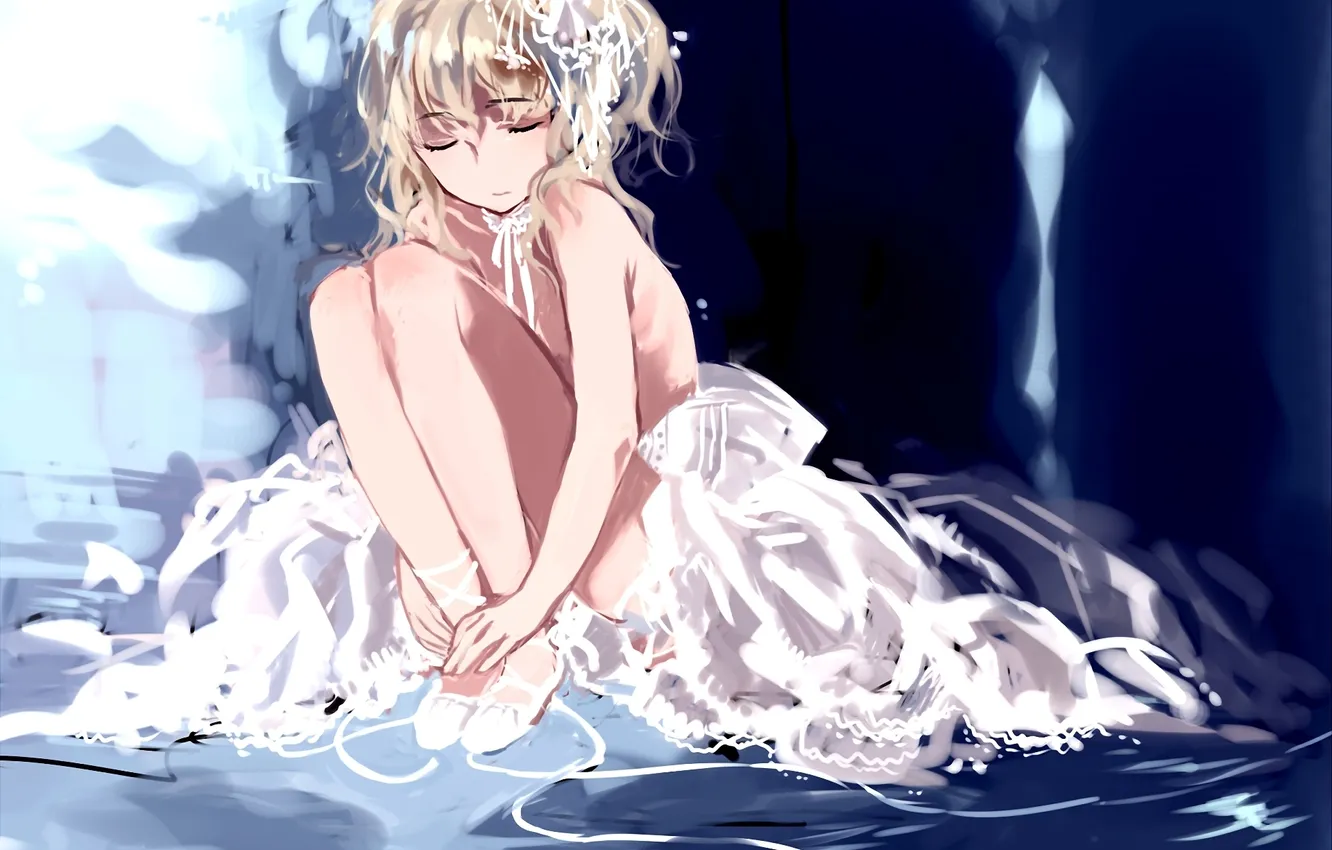 Photo wallpaper white, girl, dress, art, sitting, closed eyes