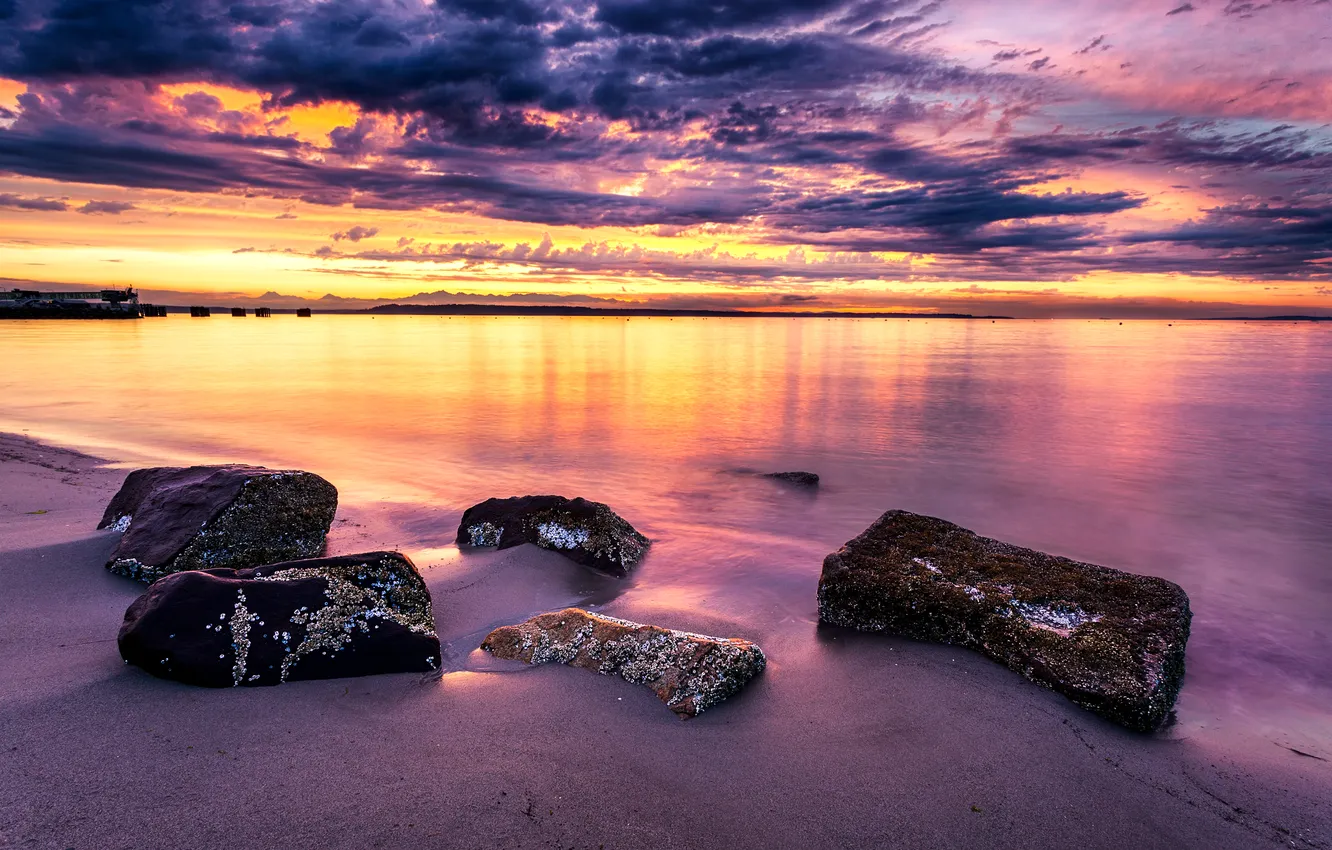 Photo wallpaper sea, the sky, clouds, sunset, stones