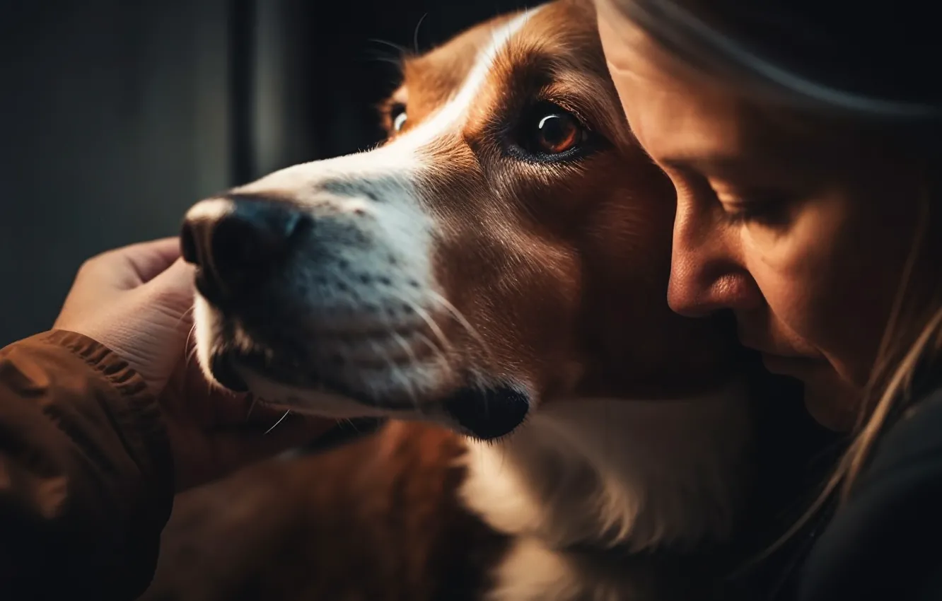 Photo wallpaper face, girl, each, dog, two, Beagle, digital art, AI art