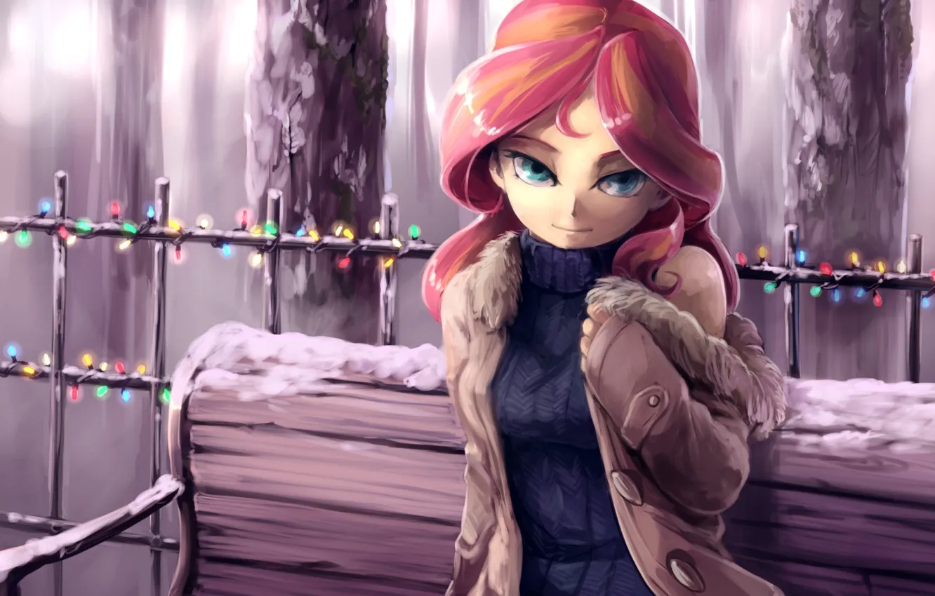 Photo wallpaper girl, snow, art, shop, flashlight, blue eyes, sweater, My Little Pony