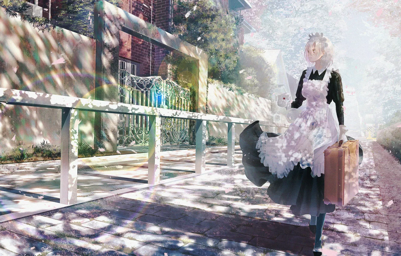 Photo wallpaper letter, fence, gate, suitcase, the sidewalk, uniform, Sunny day, the maid