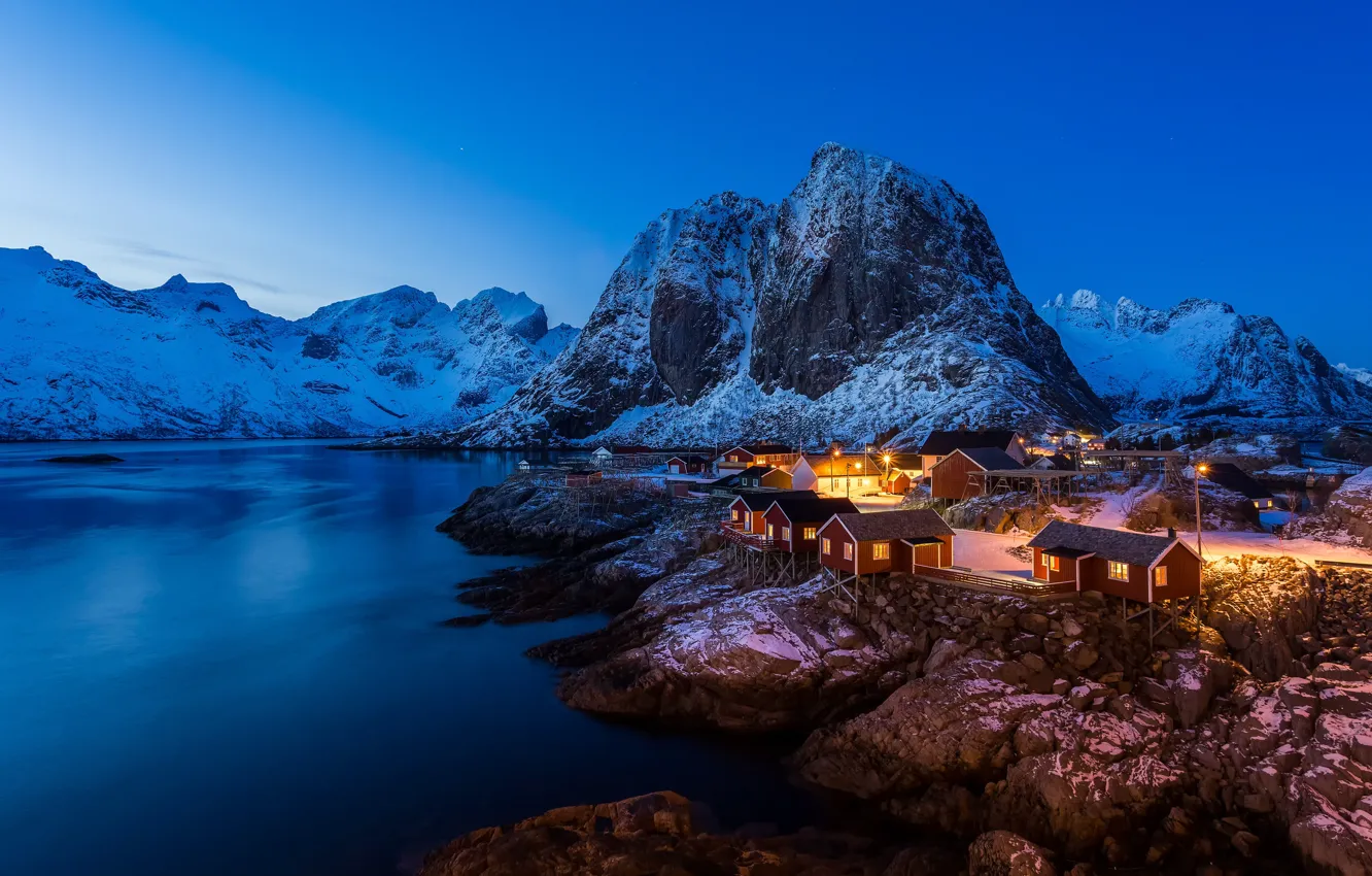 Photo wallpaper winter, light, snow, mountains, rocks, home, the fjord