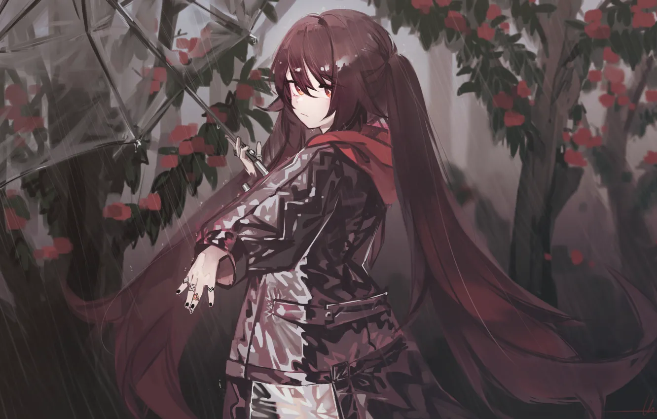 Photo wallpaper trees, umbrella, rain, Hu Tao, girl, Genshin Impact