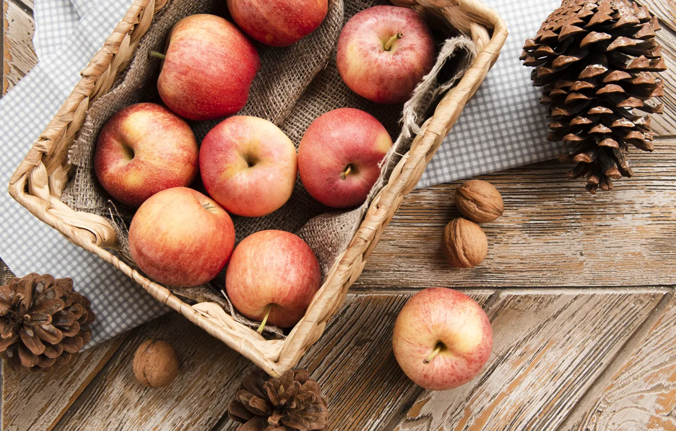 Photo wallpaper basket, apples, nuts, bumps, apples