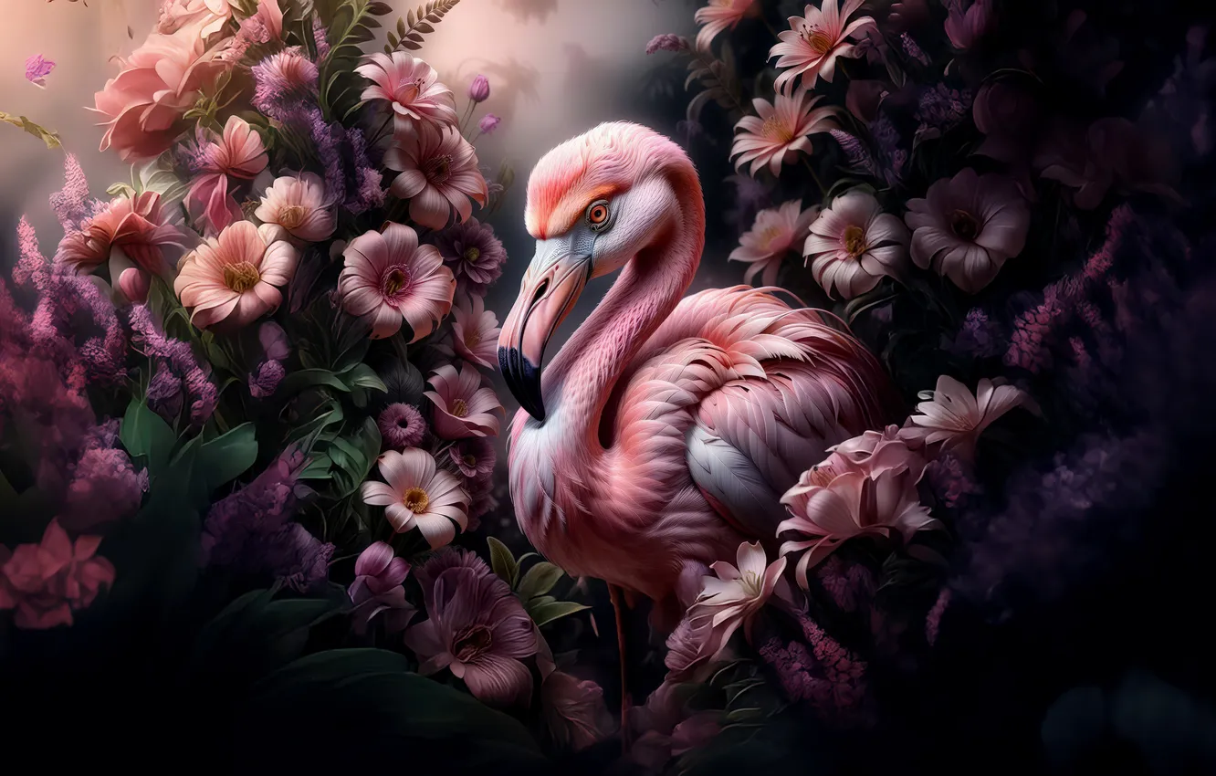 Photo wallpaper look, flowers, the dark background, bird, styling, garden, pink, Flamingo