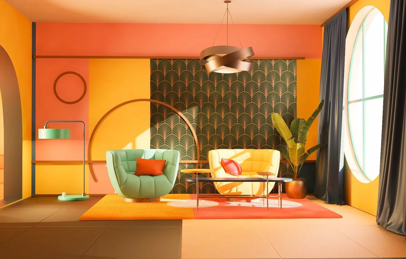 Photo wallpaper design, interior, chair, living room, warm colors, 3D model, round window, art deco style